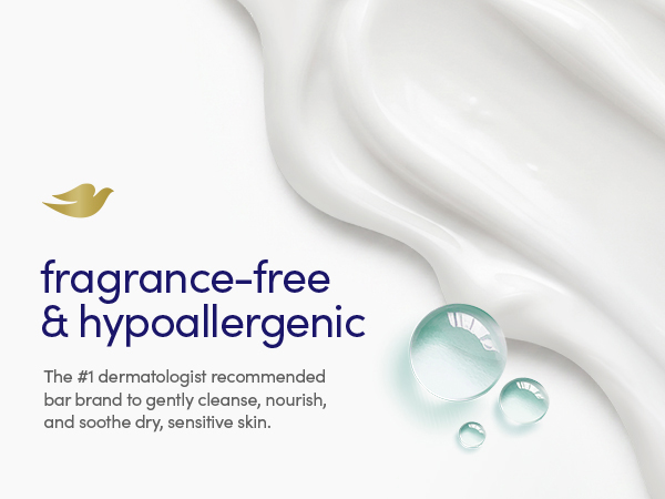 Creamy texture swatch with blue serum droplets and fragrance-free, hypoallergenic formula messaging