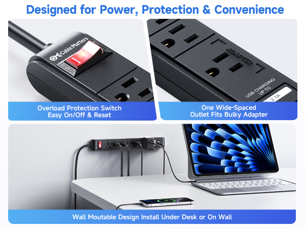 Close-up of USB ports on Cable Matters 6-outlet surge protector power strip.
