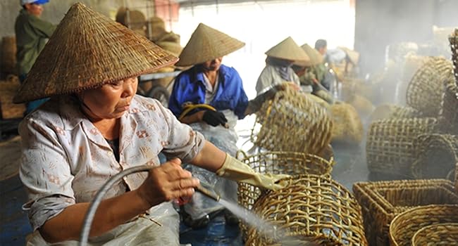 The craftsman is finishing the product of the water hyacinth basket