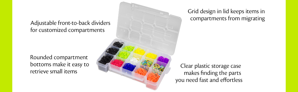 clear plastic storage case makes finding the parts you need fast and effortless
