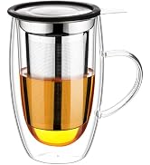 Baalaka Double Wall Glass Tea Cup With Stainless Steel Infuser and Lid, 16oz Borosilicate Glass T...