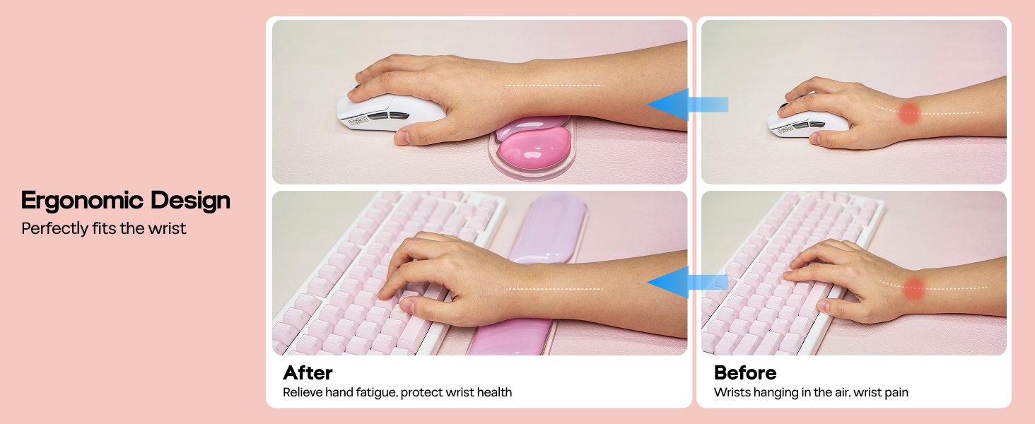 Text reads 'Ergonomic Design' with four instructional panels showing hands demonstrating different holding positions and grip techniques.