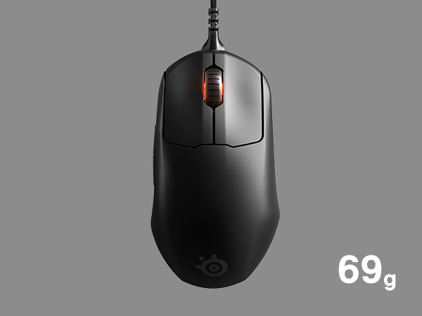 -SteelSeries Prime Mouse floating in space weighing 69g