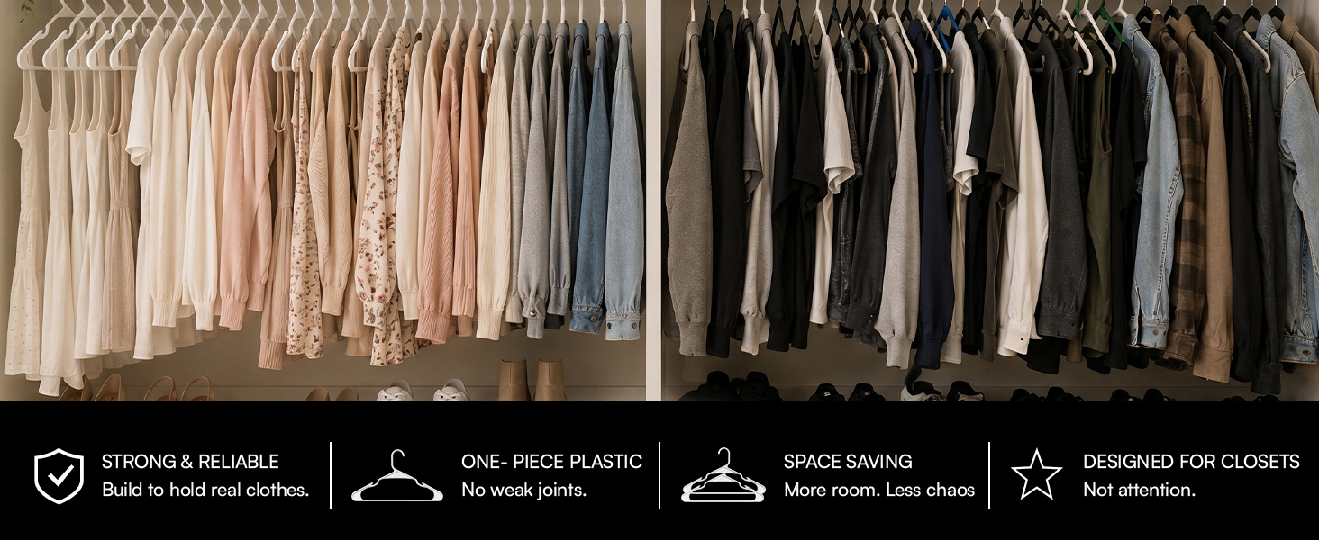 Space saving slim bronze plastic coat hangers one-piece no weak joints strong reliable closets