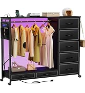 SZLHANJZ Dresser with Hanging Rack, Dresser for Bedroom with Led Lights and Charging Station, 7 D...