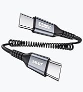 USB Type-C to Type-C coiled charging cable with metallic gray connectors. Features strain relief design and 480Mbps speed rating clearly marked.