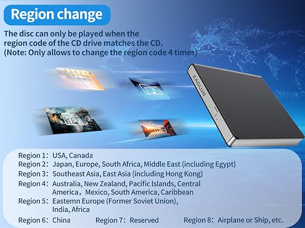 Text reads 'Region change'. World map showing different DVD/Blu-ray regions coded in different colors with numbered regions and corresponding geographical areas listed.