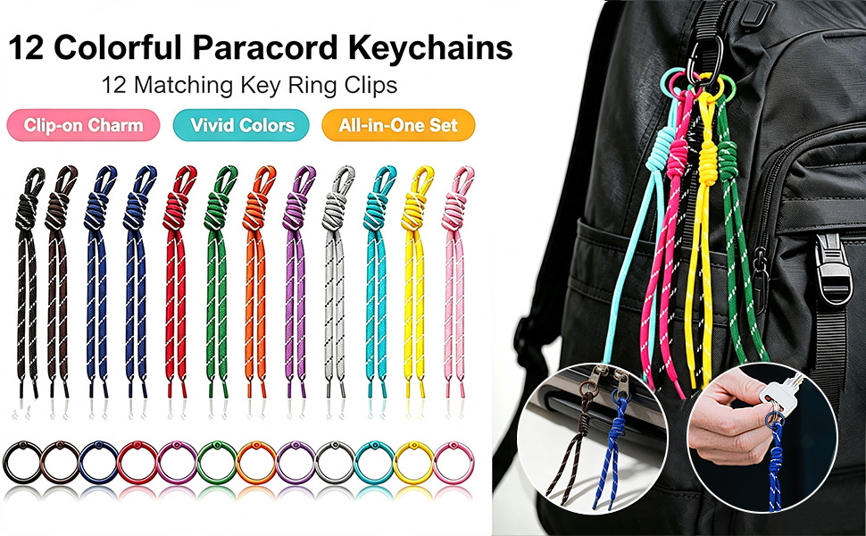 24 Pcs Paracord Keychain Bulk - DIY Colorful Paracord Bag Charm Kit Rope