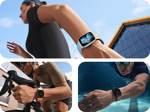 Collage of outdoor fitness activities showing smartwatch usage during various exercises. Multiple angles demonstrate device interface during athletic activities.