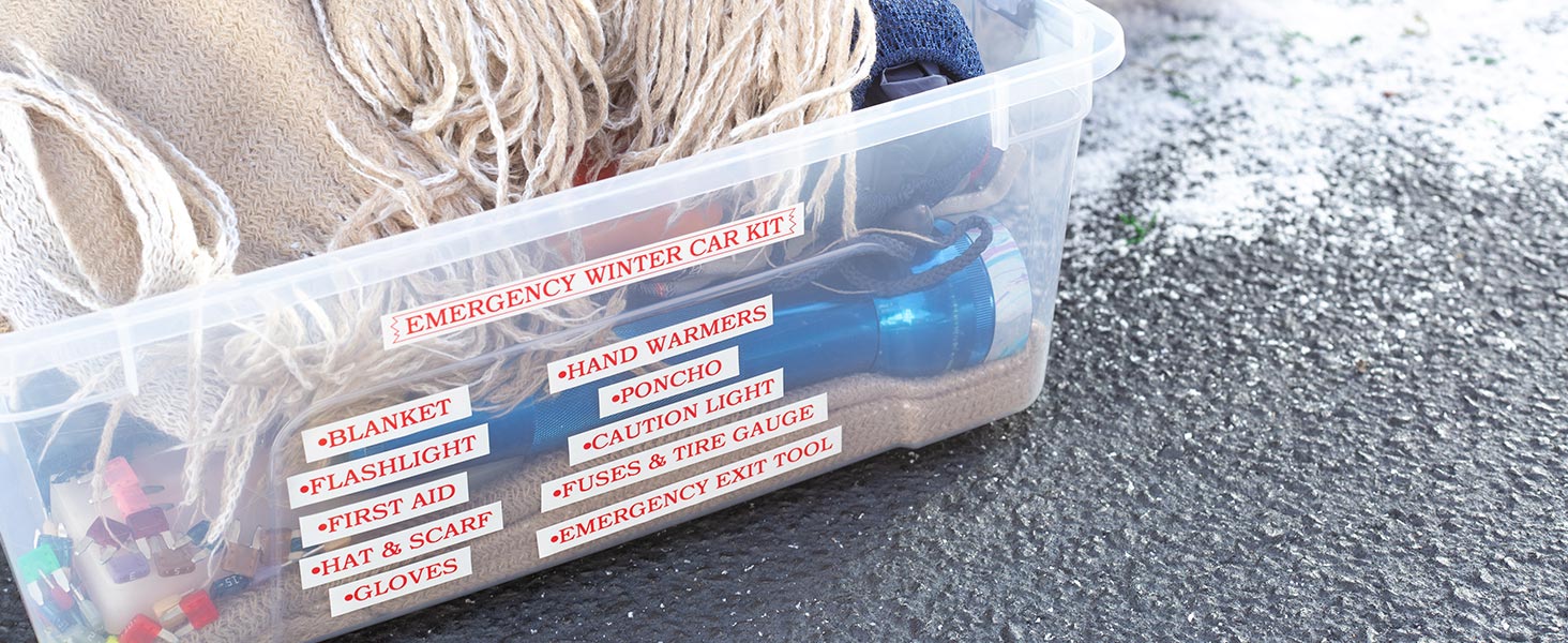 Storage bin labelled &amp;#34;Emergency Winter Car Kit&amp;#34; and labelled contents