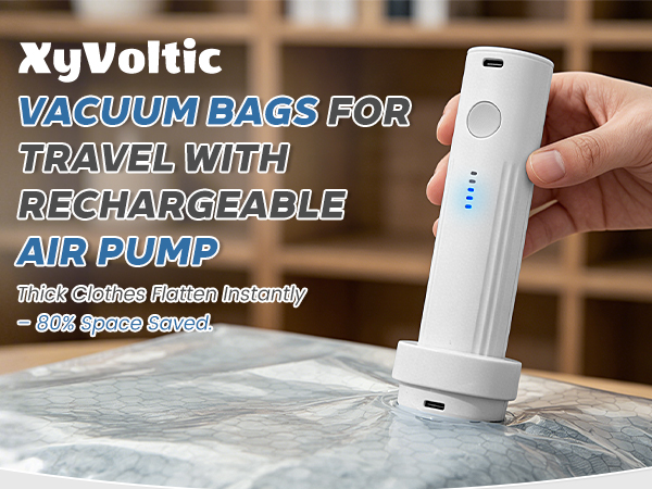 Rechargeable vacuum pump for travel bags, saving up to 80% of luggage space