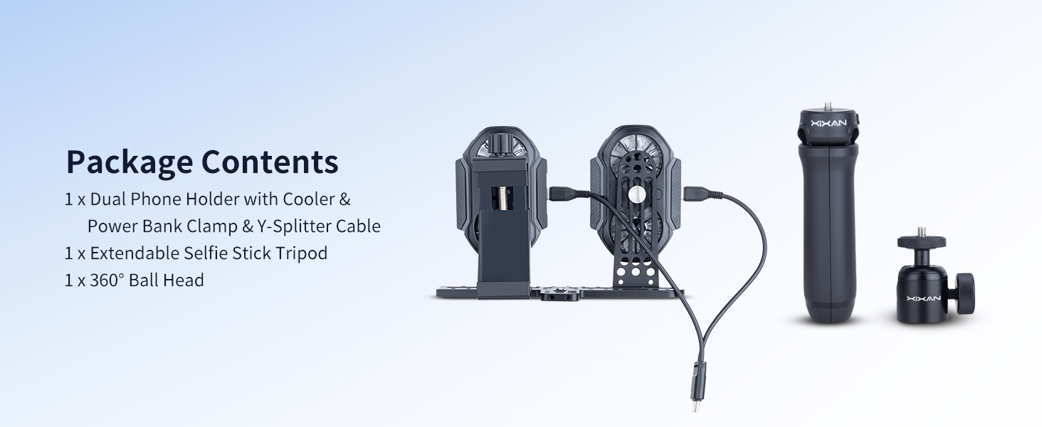 Package Contents: 1 x Dual Phone Holder with Cooler &amp;amp; Power Bank Clamp &amp;amp; Y-Splitter Cable