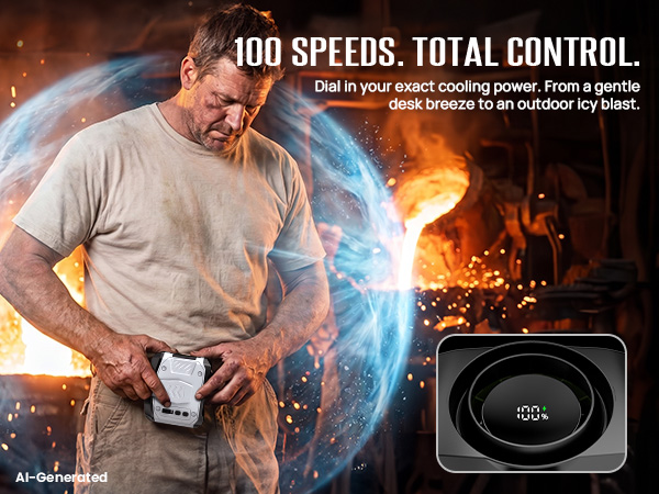 portable belt fan with 100 speeds control gives precise airflow for light breeze or high-heat tasks