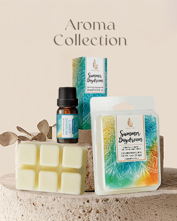 Text reads 'Aroma Collection'. Display of scented wax melts and fragrance products arranged on beige background with multiple product variations shown.