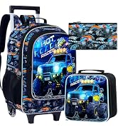 CCJPX 3Pcs Truck Rolling Backpack for Boys, 18" Kids Wheeled Bookbag with Lunch Box, Lightweight ...