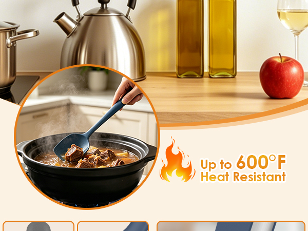 Silicone kitchen spatula stirring stew in a pot, heat resistant up to 600°F