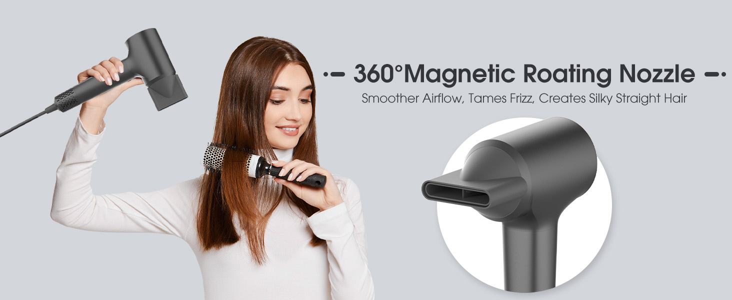 360°Magnetic Roating Nozzle 110000 RPM Hair Dryer, Brushless Motor Fast Drying Blow Dryer