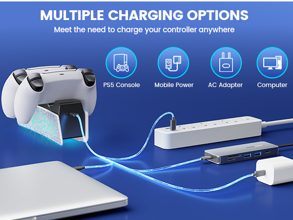 Text reads 'MULTIPLE CHARGING OPTIONS'. Blue promotional banner showing various charging methods for controllers including PS controller, mobile phone, AC adapter and computer connections.