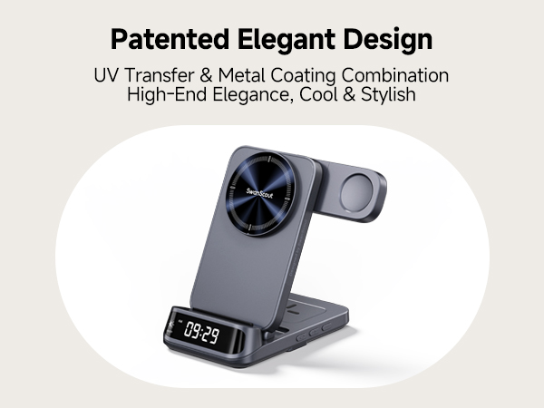 Wireless charging stand with digital clock display. Features a circular charging pad on an adjustable arm, metal coating, and UV transfer finish for an elegant, stylish appearance.