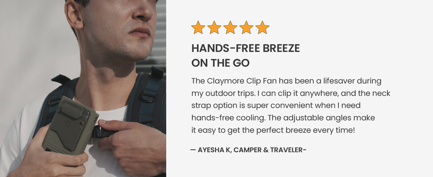 Claymore Clip Fan Rechargeable Hands-Free Clip USB-C Charging Camping, Hiking, Outdoor Use
