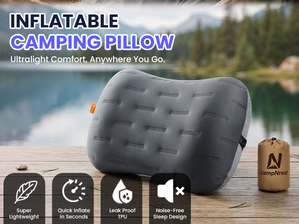 inflatable camping pillow with tan storage sack, labeled Super Lightweight