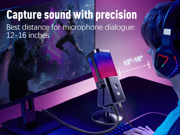 Text reads 'Capture sound with precision' and '12-16 inches' against a dark purple and blue background showing audio recording equipment silhouettes.