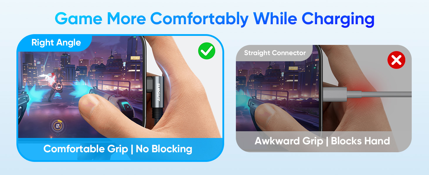 90° Right Angle Design - Comfortable While Gaming &amp;amp; Charging