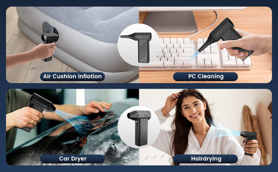 Multi-purpose handheld device shown in four scenarios: inflating an air cushion, cleaning a keyboard, drying a car, and drying hair. Device features a black handle and nozzle attachment.