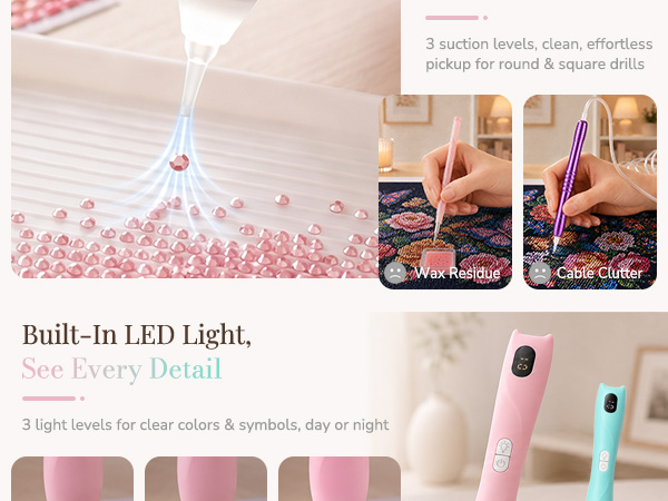 Electric Diamond Art Vacuum Pen, Wax-Free Cordless, 3 Suction Levels, No Wax Needed