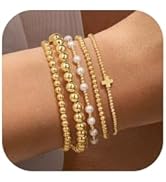 Yoosteel Gold Beaded Bracelets Set for Women, 14K Gold Plated Dainty Round Bead Ball Pearl Cross ...