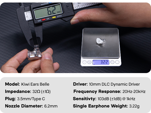 Linsoul Kiwi Ears Belle 10mm DLC Dynamic Driver in-Ear Monitor, HiFi Wired Earbuds