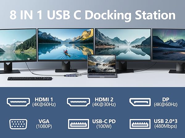 USB C Docking Station Dual HDMI Monitor Adapter USB C Hub 3 Monitors