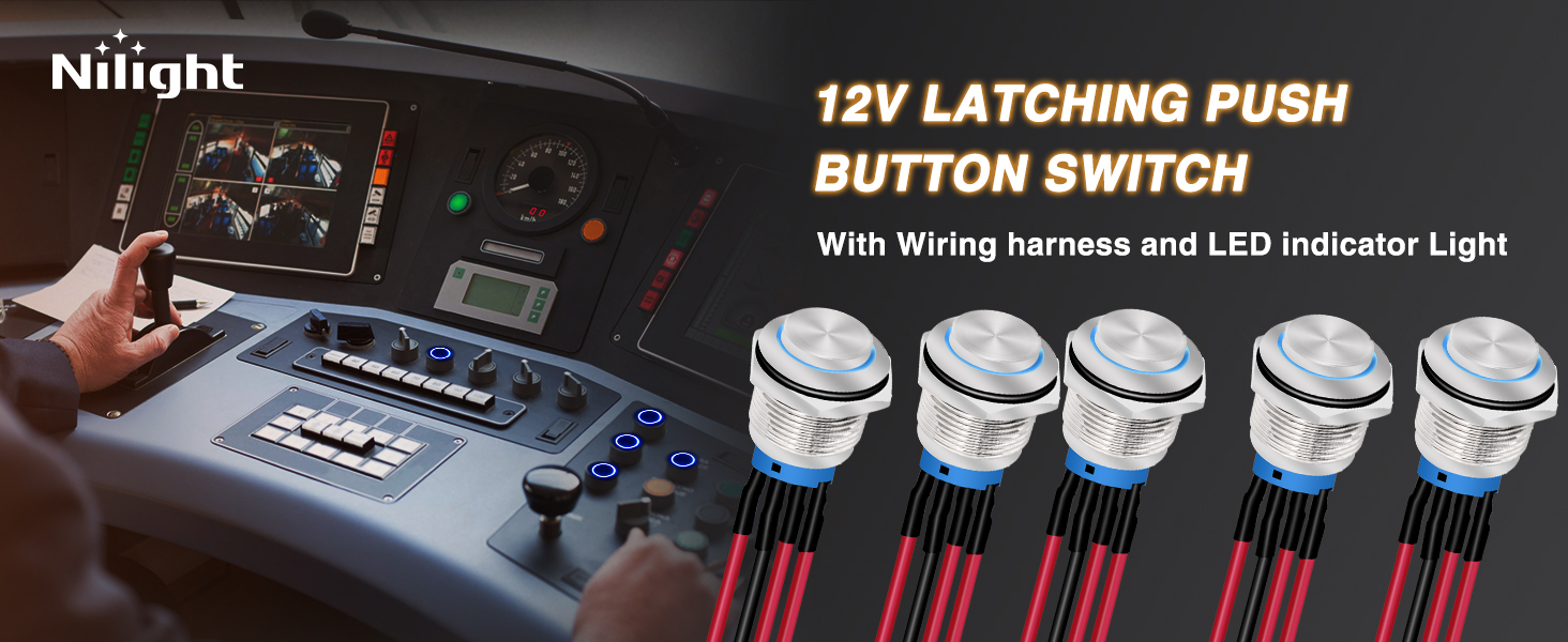 12mm Push Button Switch 5PCS with Pre Wired Harness 12V 24V Stainless Latching LED Round Switch