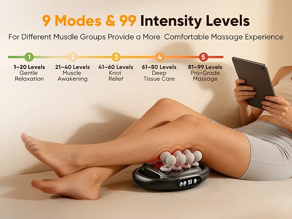 Massage gun with 9 modes and 99 intensity levels for leg muscle massage and relaxation.