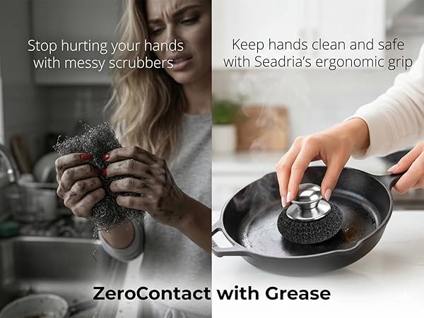 Ergonomic stainless steel scouring pad that protects hands from grease.