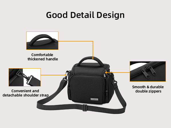 Text reads 'Good Detail Design'. Detailed product shots of a black camera bag showing adjustable shoulder strap, handle design, and multiple compartment features.