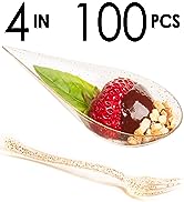 DLux 100 4-in Tear Drop Mini Appetizer Plates with Forks, Reusable Gold Glitter Clear Plastic Spo...