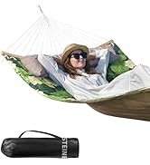 Double Hammock, 11 FT Quilted Fabric 2 Person Hammock for Outside with Pillow, Folding Curved Spr...