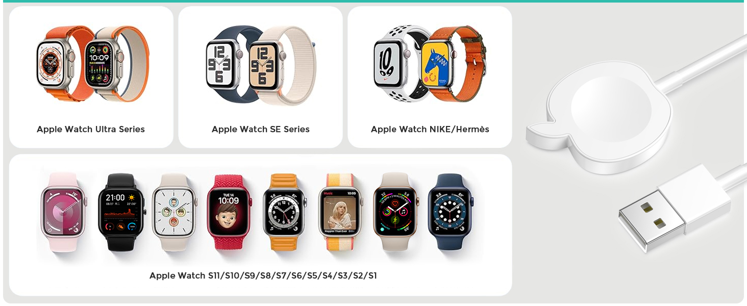 Display of various Apple Watch models and bands, showing different styles and colors, with charging cable visible on right side.