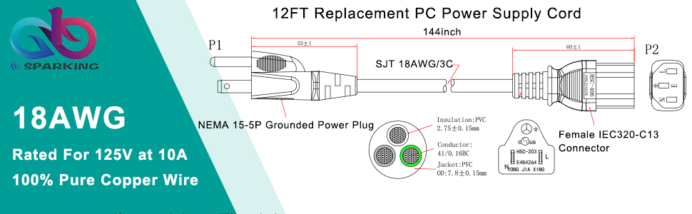 12FT Computer Monitor Replacement Power Cord -Black 