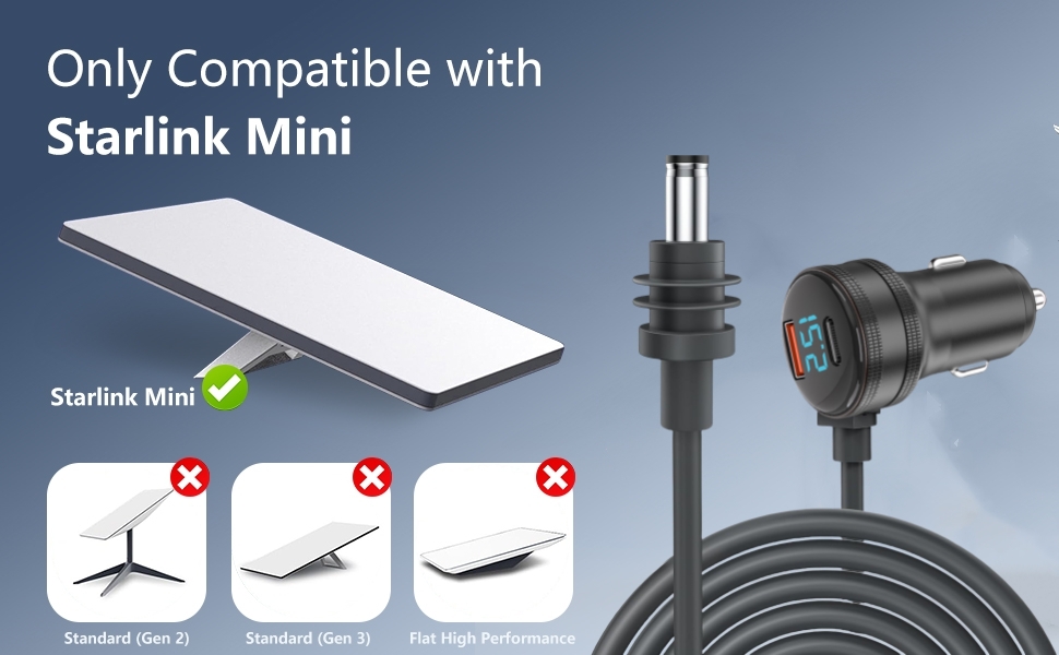 3 in 1 Starlink Mini Car Charger DC Power Cable Cigarette Lighter Adapter
