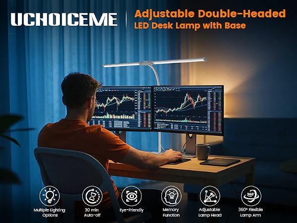 LED Desk Lamp with Base, Double Head Smart Desk Light with Controller Table Lamp for Home Office