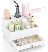 Bathroom Hair Tool Organizer Storage, White Hair Dryer Curling Iron Holder with Drawer, Skin Care...
