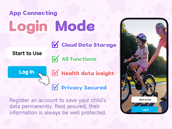 App interface showing login mode features: cloud storage, all functions, health data insight, and privacy. Includes image of child on bicycle with adult.