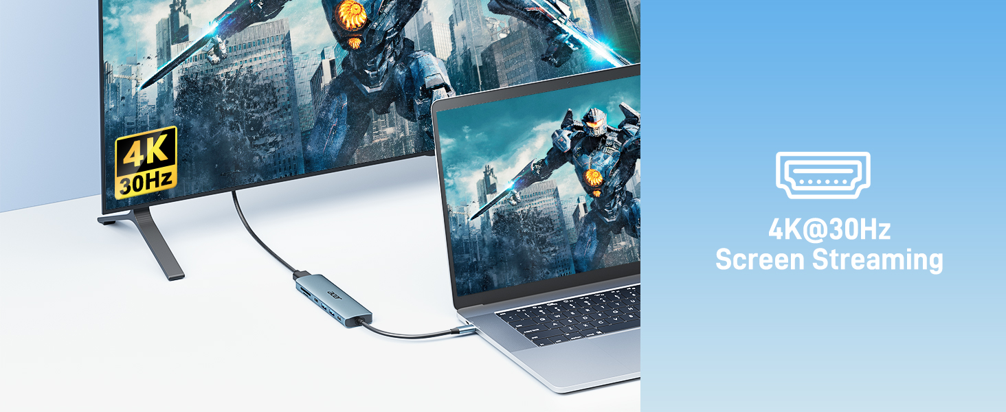 4K streaming setup with TV and laptop displaying action scenes. HDMI icon and '4K@30Hz Screen Streaming' text overlay indicate high-resolution capability.