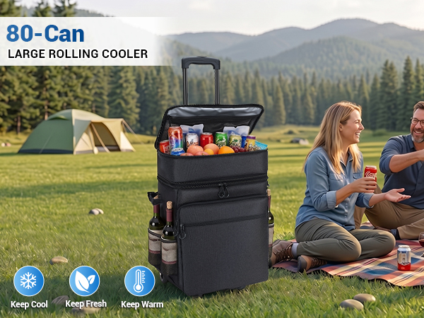 Large Rolling Cooler Leakproof Insulated Soft Cooler Bag with Wheels and Handle