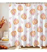 Mocsicka Pumpkin Shower Curtain for Fall Bathroom Decor Cute Pink Bow Pumpkin Fallen Leaves Autum...