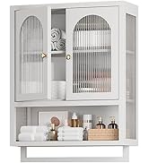 ALBAD Metal Bathroom Wall Cabinet with Fluted Glass Door and Towel Bar Wall-Mounted Medicine Cabi...