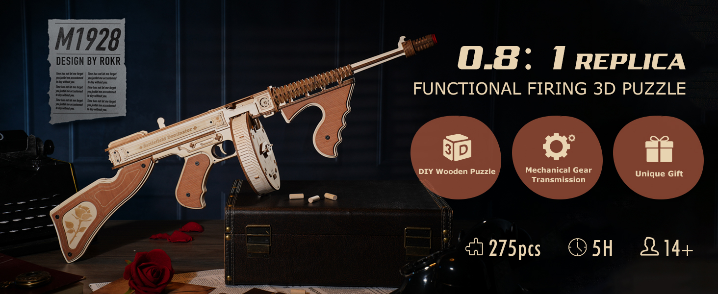 ROKR 3D Wooden Puzzles for Adults 0.8:1 replica of submachine gun