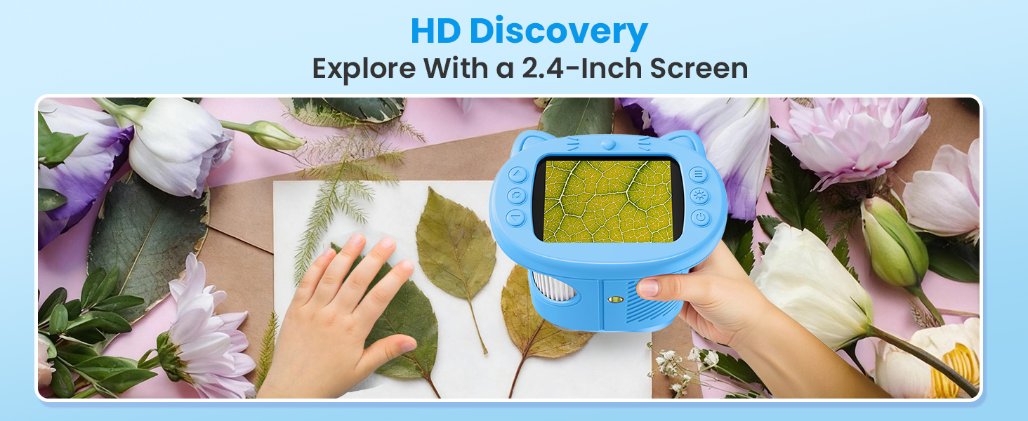 Text reads 'HD Discovery' and 'Explore With a 2.4-inch Screen'. Educational or discovery-themed banner with children's hands interacting with nature elements.